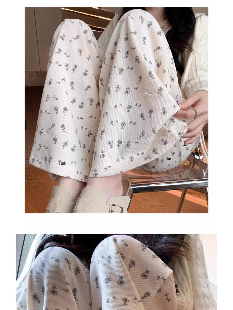 Petite White Floral Women's Summer Sweatpants, Thin Wide-Leg Loose Fit Joggers, XS