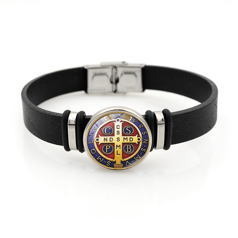 Elegant Saint Benedict Medal Adjustable Bracelet Stylish Black Leather Jewelry Unisex Gift