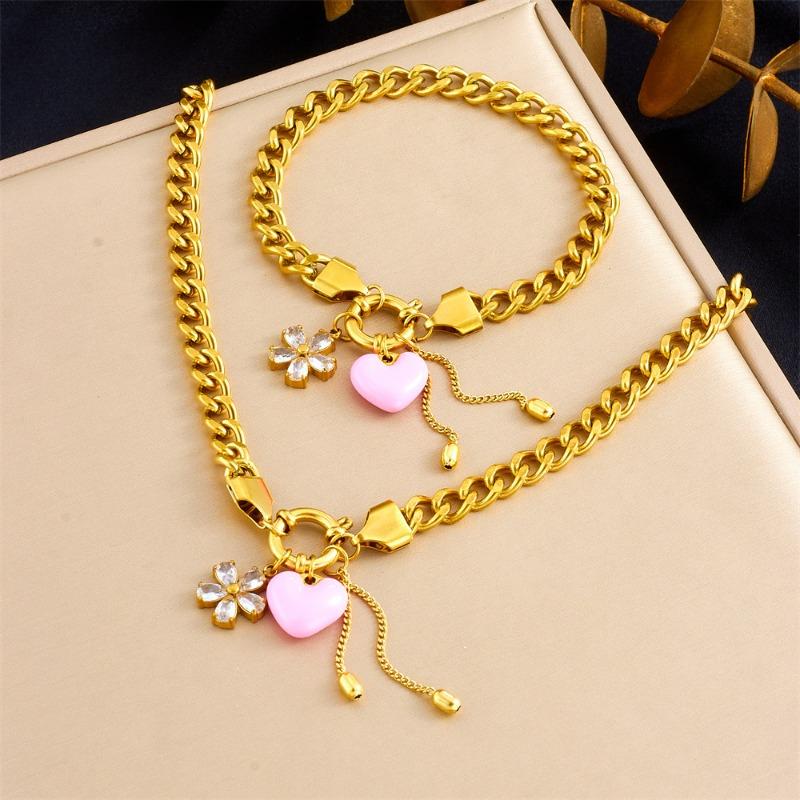Gold Tone Cuban Link Jewelry Set with Pink Heart and Crystal Flower Charms