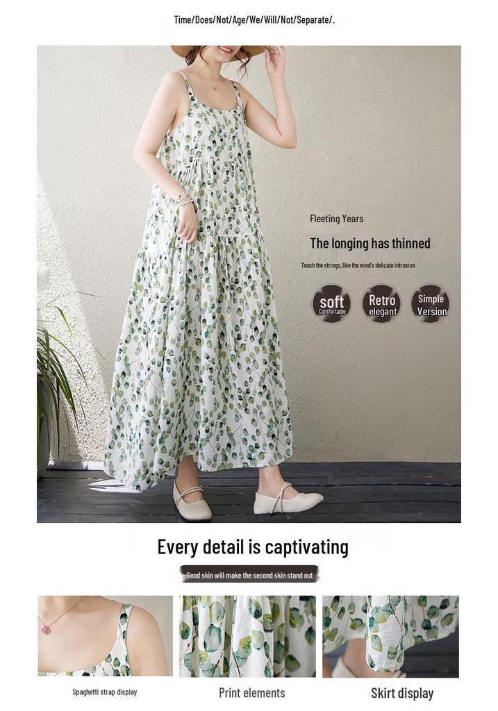 2024 Sommer Baumwolle Leinen Spaghettiträger Blumen Maxikleid