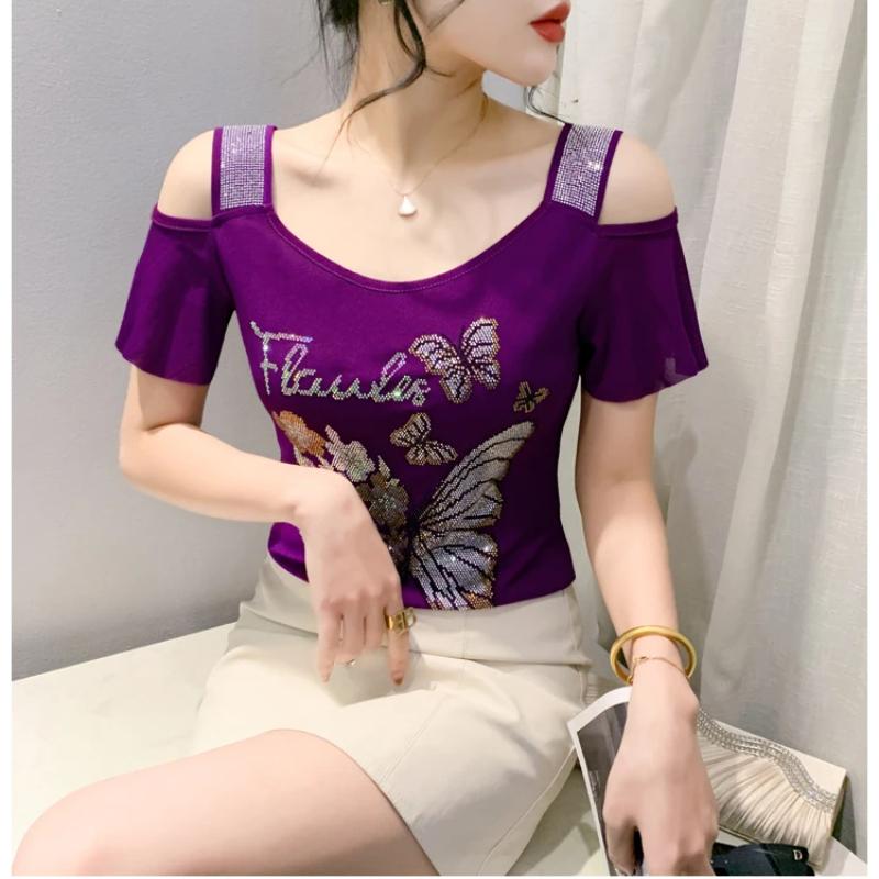 Fashion Women’s Mesh Bling Butterfly T-Shirt Clothes Sexy Off Shoulder Luxury Hot Diamonds Tops Summer Short Sleeve Female Tees Blouse
