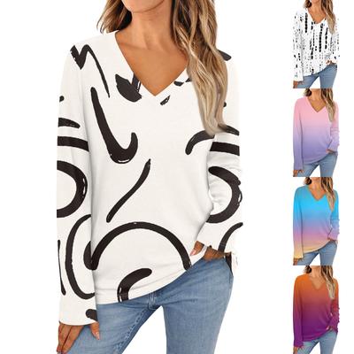 Women's Fashion Casual V Neck Long Sleeve Printed T-Shirt Ladies Top