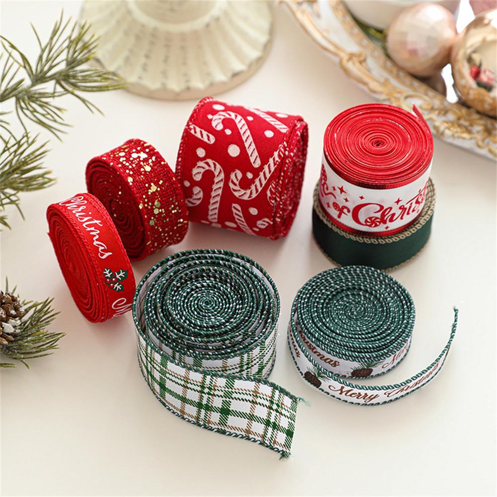 2M Red Green Christmas Ribbon Hot Stamped Linen Printed Christmas Polyester Ribbons New Years Home Decoration Bow Gift Packing