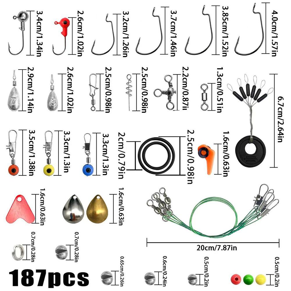187/263 Pcs Fishing Kit Accessories Kit Jig Hooks Fishing Sinker Weights Swivels Snaps Connectors With Fishing Tackle Lure Box
