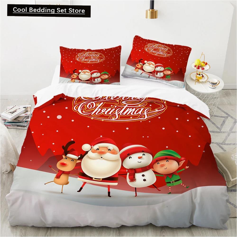 Merry Christmas King Queen Duvet Red Cartoon Santa Car Animals Bedding Set for Children Boy Girl Happy Holiday Theme Quilt Cover