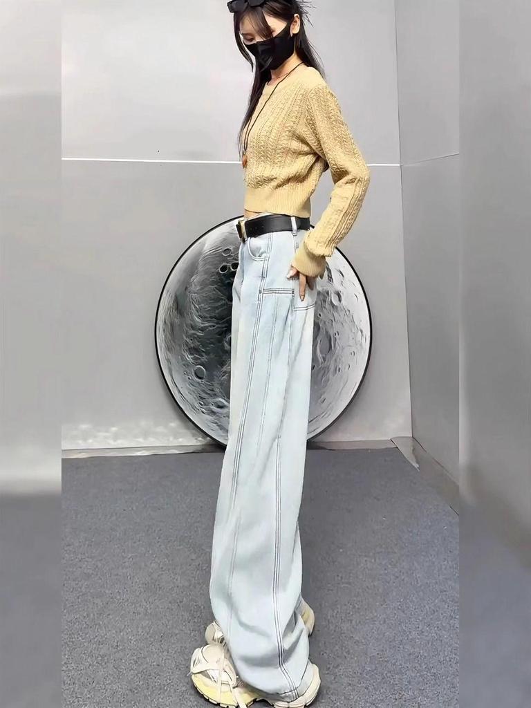 Plus Size Wide Leg Straight Jeans for Pear-Shaped Women – Slimming, Casual, Floor-Length Autumn Pants
