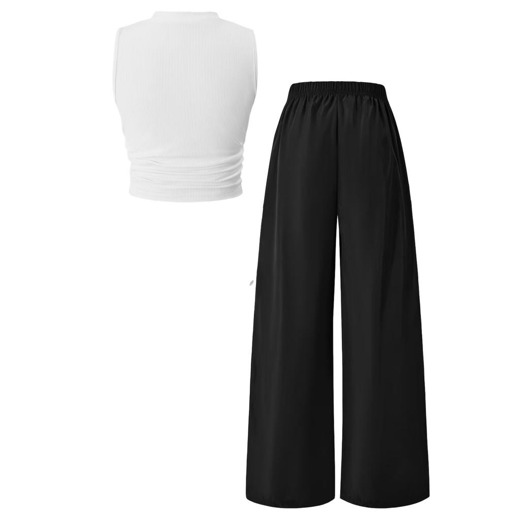 Girls Sleeveless Crop Top with Text Print and Wide Leg Pants Set Elastic Waistband Casual Two Piece Outfit for Kids
