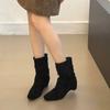 Cowboy Boots Niche Inner Height Increasing Soft Leather Square Head French Pleated Suede Skinny Boots Short Boots Women's Pile Boots Western