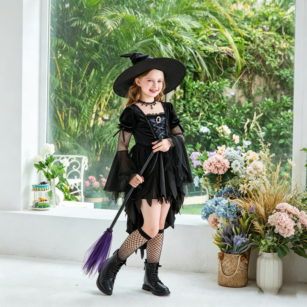 Girls Witch Halloween Costume Dress with Tulle Mesh for Kids Stage Performance