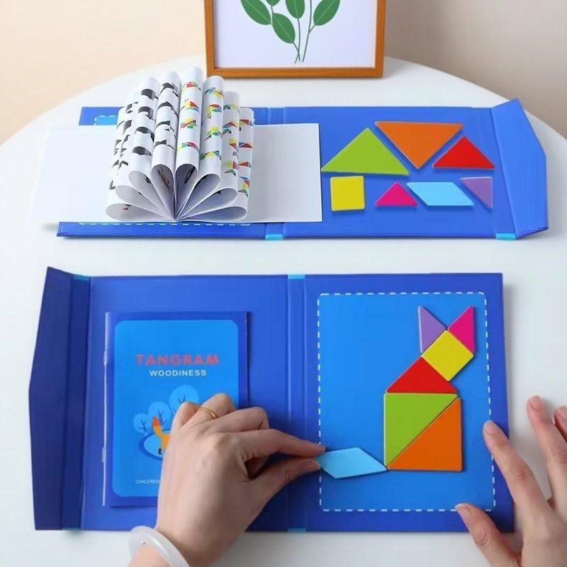 Wooden Magnetic Tangram Puzzle Book Portable 31x19cm Montessori Kids Educational Shape Matching Learning Intelligence Toy