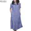 ZANZEA Women Casual Turn Down Collar Short Sleeve Grid Print Dress