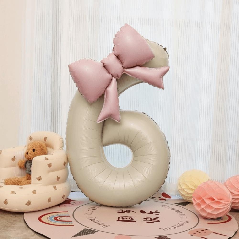 40 Inch Number 0-9 Balloon Cream White with Light Pink Bow Aluminum Foil Balloons New Year Decorations Birthday Party Balloons