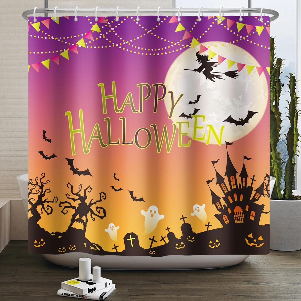 Halloween Shower Curtain Funny Horror Pumpkin Bat Cartoon Cat Happy Halloween Bathroom Curtain for Kids Waterproof Bath Curtain