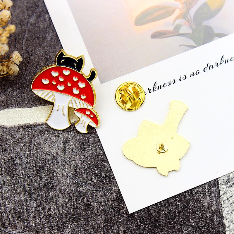 Naughty Black Cat and Red Heart Mushroom Brooch
