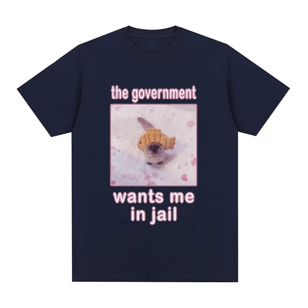 The Government Wants Me in Jail Funnt Cat Meme T Shirts Mens Women Fashion Harajuku Tshirt Cotton Casual Short Sleeve Tshirts