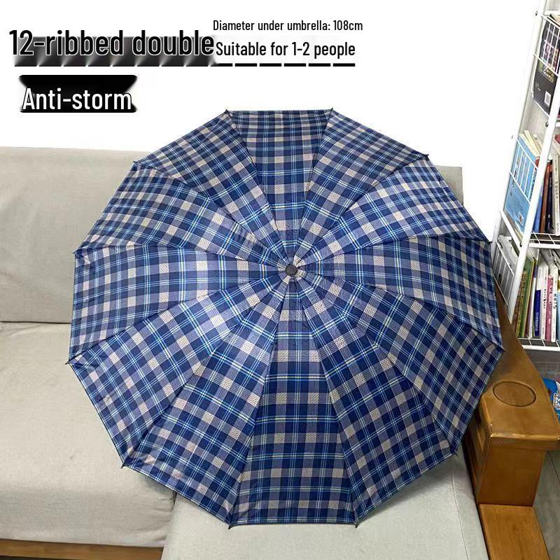 Extra Large Ten-Bone Water-Repellent Plaid Umbrella - British Style for Men & Women, Double/Triple Use