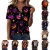 Women Casual V Neck Short Sleeve Button T Shirt Halloween Print Top Lightweight Comfortable Fit
