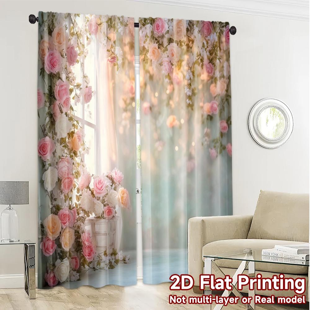 2pcs, 2D FLAT PRINTING Curtains (Without Rod) Rose Serenity Popular Window Curtain Versatile Polyester Fabric Curtains