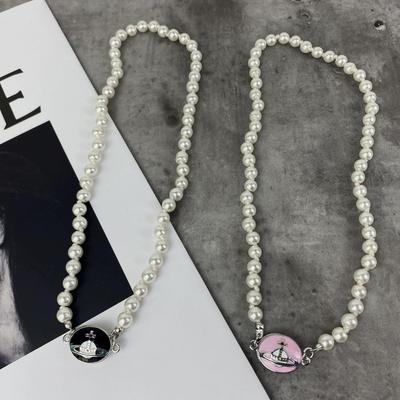 Lisa Style Pearl Saturn Magnetic Clasp Necklace: European & American Luxury Clavicle & Sweater Chain.