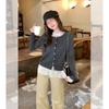 Gray round Neck Knitted Long Sleeve Cardigan Women's Autumn and Winter Wear Jacket with Shoulders and Bottom Loose Top