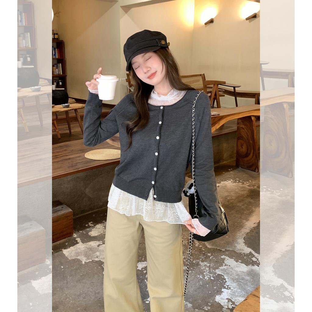 Gray round Neck Knitted Long Sleeve Cardigan Women's Autumn and Winter Wear Jacket with Shoulders and Bottom Loose Top