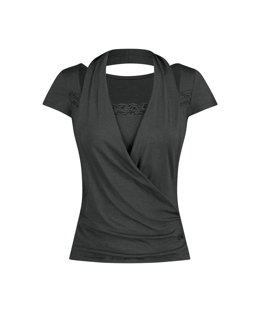 Aejeuyua Lace Cowl Neck T-Shirt Charcoal