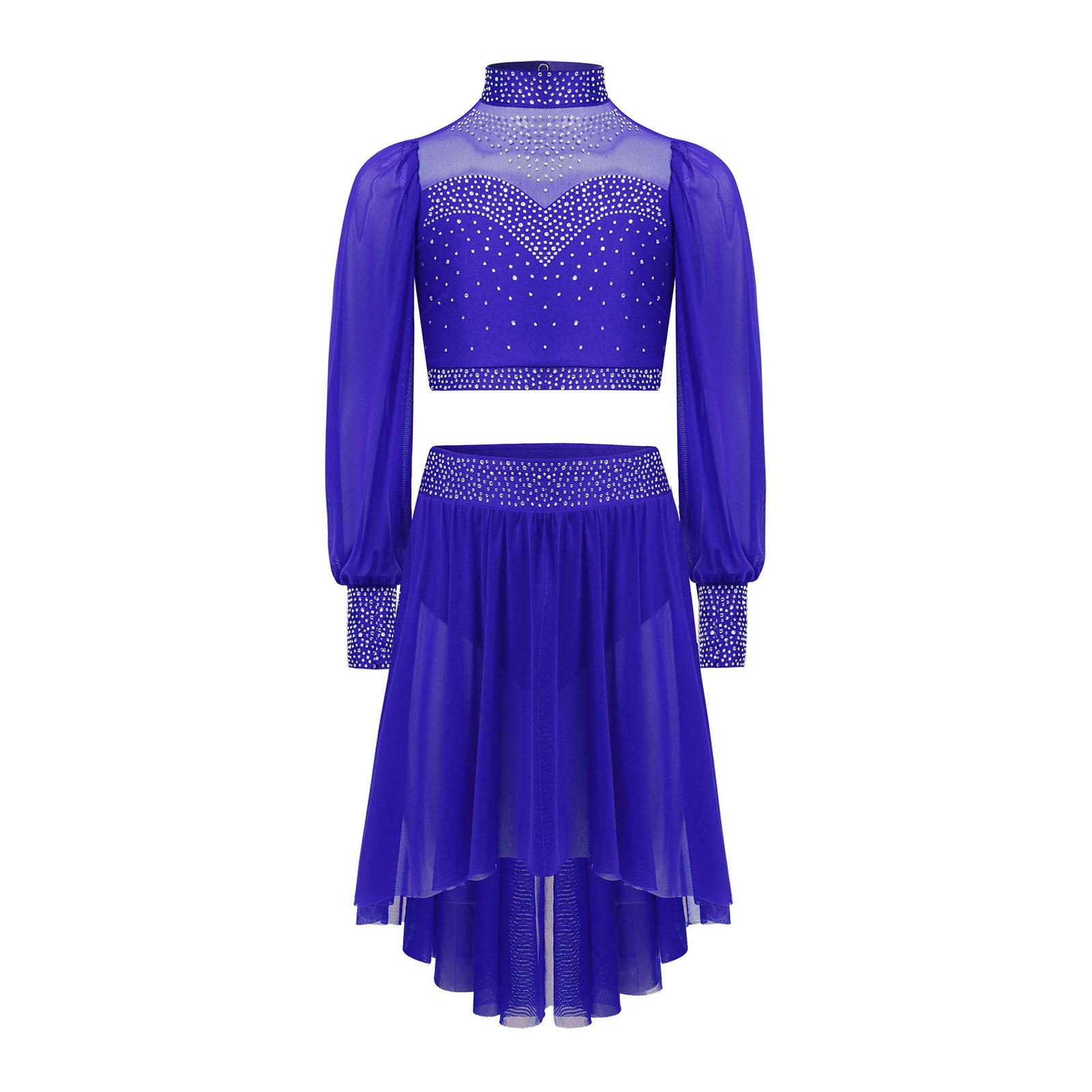 

Дівчачий ліричний танцювальний костюм з коміром-стійкою, прозорими сітчастими довгими рукавами, вирізом на спині, укороченим топом та асиметричною спідницею. 11-12 Years синій