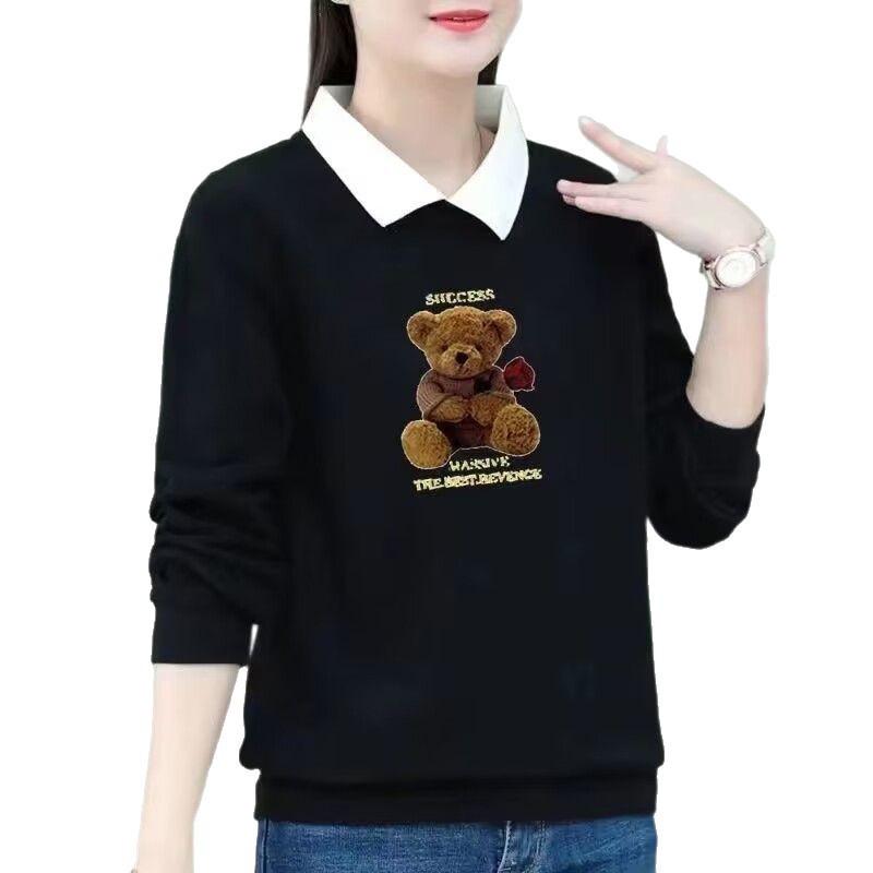 2025 Autumn/Winter Women's Plus Size Velvet Polo Collar Long Sleeve Cartoon Print Sweater