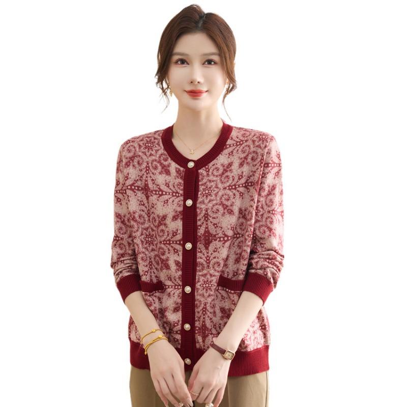 Mom autumn bottoming sweater cardigan knitted sweater jacket new round neck medium and old casual loose top