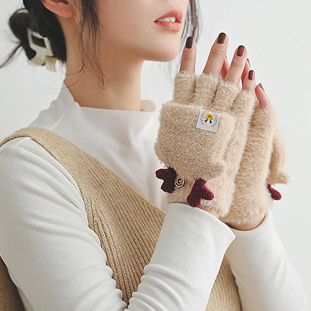 Girls Fingerless Gloves Keep Warm Cartoon Pattern Thickened Flip Top Gloves for Winter Beige