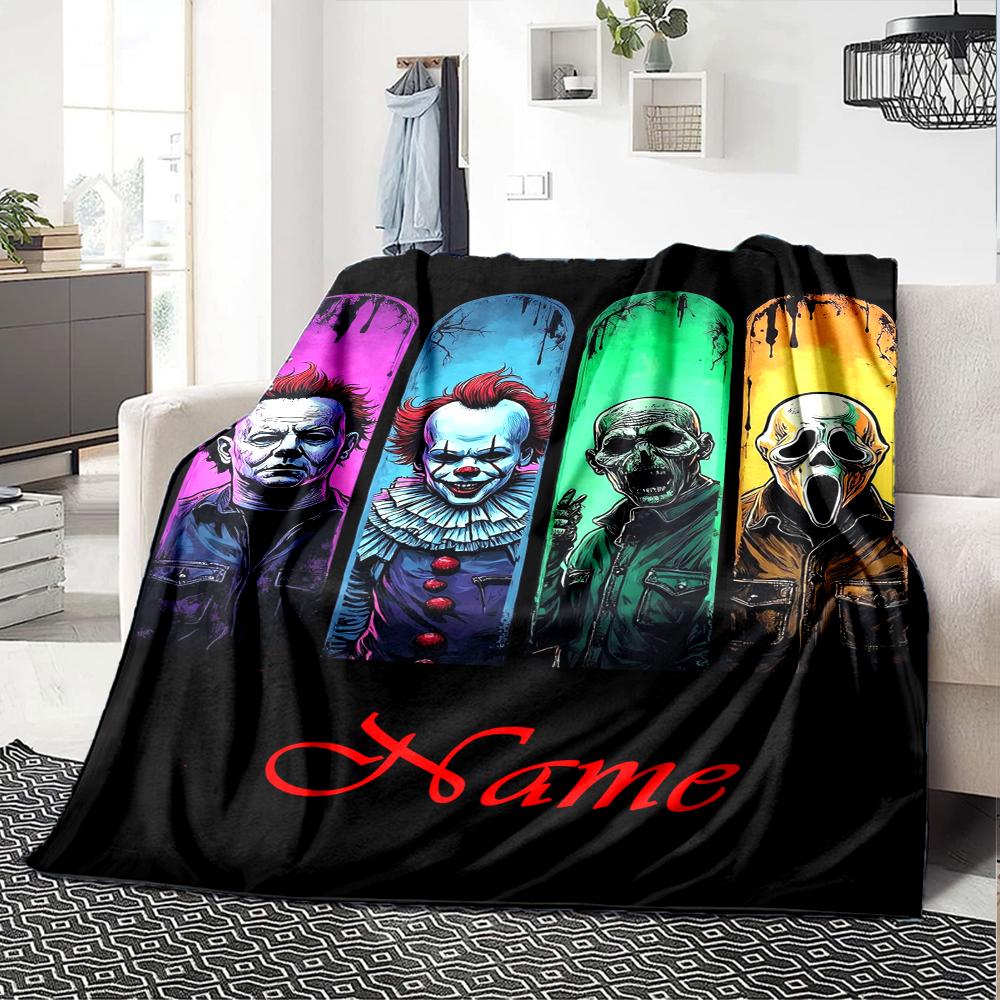 Custom Name Halloween horror Theme Printed Blanket - Perfect for Couch, Bed, Travel & Outdoor Use | Machine Washable, Cozy & Durable.