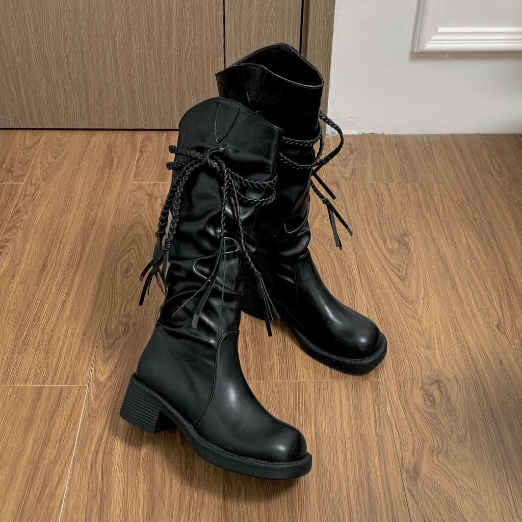 Weiße Retro High-End Plateau-Stiefel Damenstiefel 2025 neu Herbst mit Rock dünne Ritterstiefel