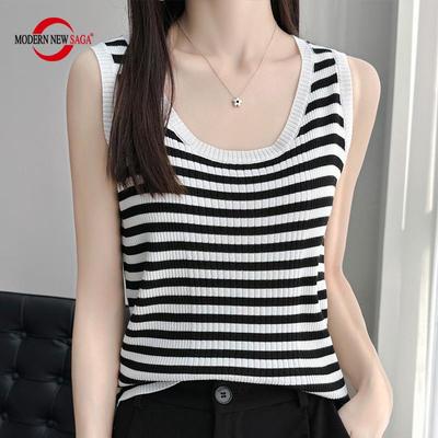 Canotta da donna a righe T-shirt estiva senza maniche in maglia Canotta O-collo femminile