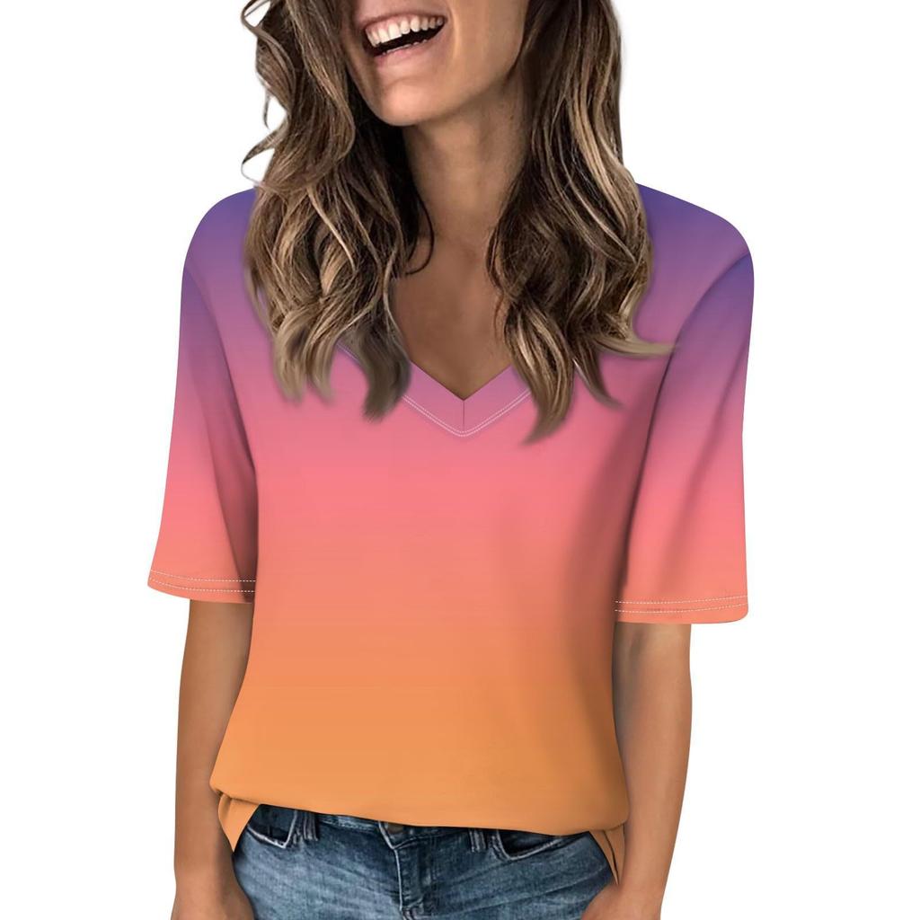 Dámské módní tričko s krátkým rukávem a výstřihem do V s 3D potiskem, letní pohodlné sportovní topy