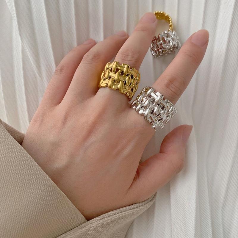 18K Gold Plated Woven Chain Ring, Stainless Steel Wide Band Statement Ring, Fashion Jewelry for Women