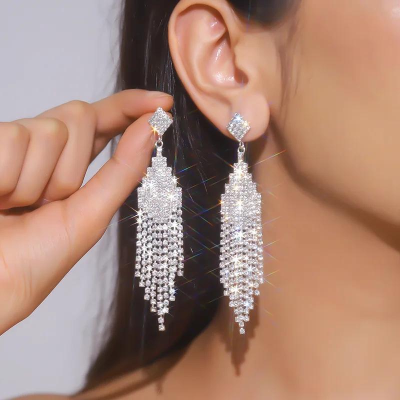 

Fashion Long Tassel Crystal Drop Earrings for Women copper Color Rhinestone Dangle Earring Wedding Party Zircon