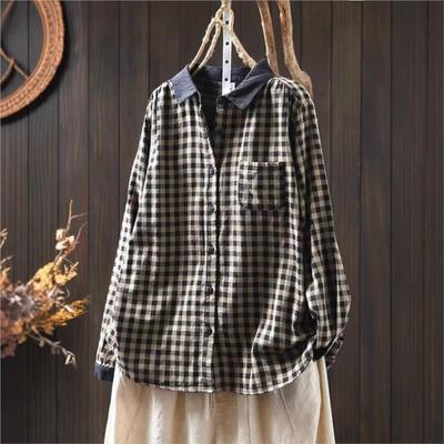 Women Vintage Plaid Shirts Tops Turn-down Collar Long Sleeve Spring Blouses Button Pockets Shirts