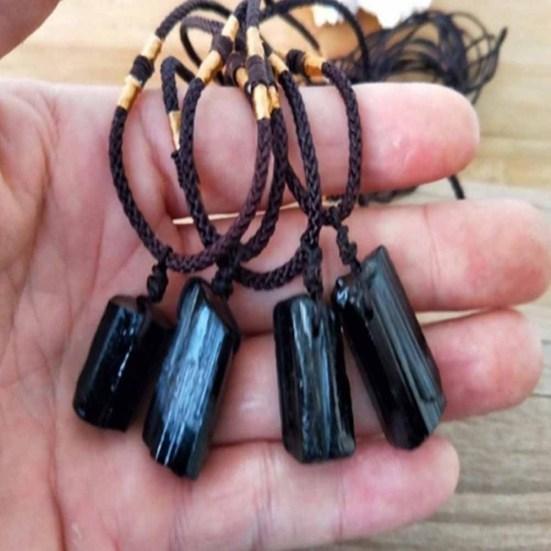 Fashion Black Tourmaline Stone Pendant with Rope Faux Gem Specimen Birthday Gift