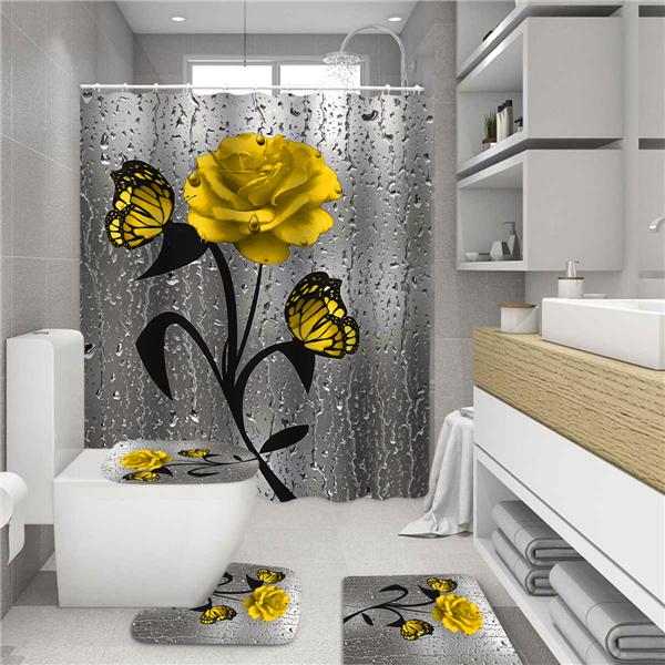 4PCS Flowers Rose Print 3D Shower Curtain Waterproof Polyester Bathroom Curtain Anti-slip Bath Mat Toilet Rugs Carpet Bath Sst Decor