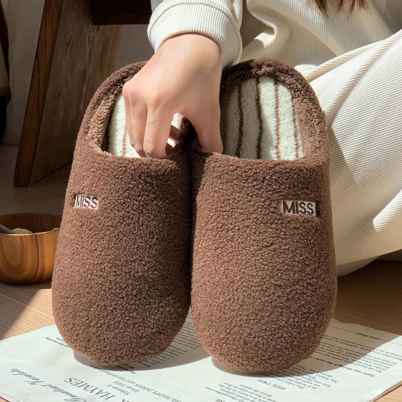 New Home Simple Striped Slippers Autumn and Winter Indoor Home Velvet Warm Non-slip Couple Cotton Slippers