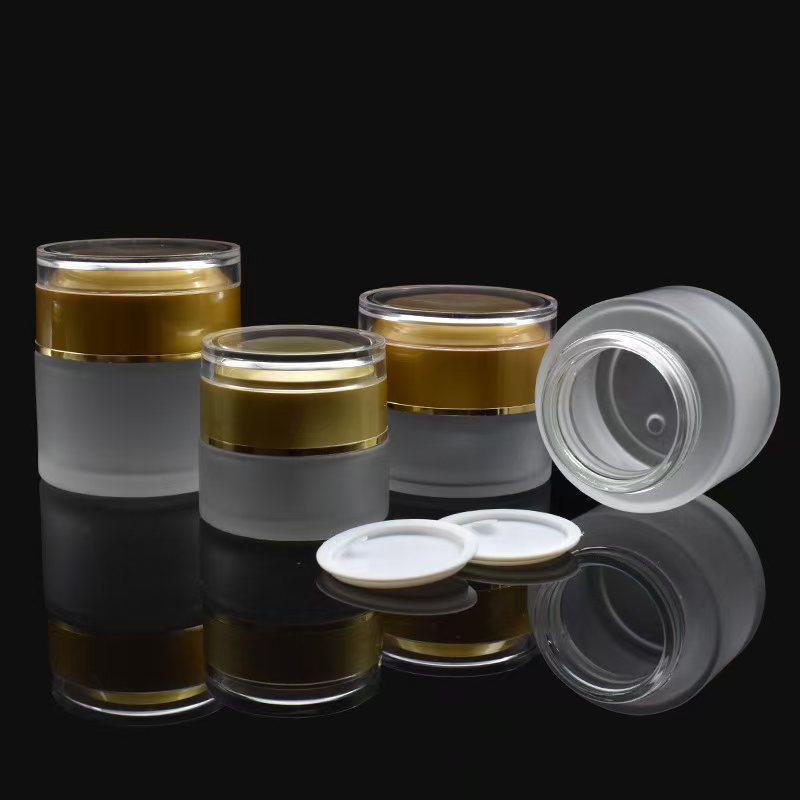 Acrylic Frosted Glass Cream Jar with Gold Rim Lid - Available in 15g, 20g, 30g, 50g Sizes - Travel Size Cosmetic Bottles