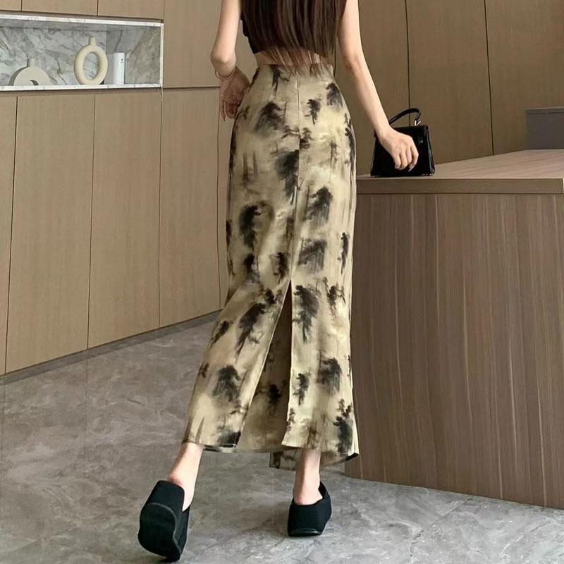 Fashion Drawstring Bag Hip Long Skirts Chinese Style Ink Paint Women's Summer Vintage High Waist Chic Irregular Split Skirts
