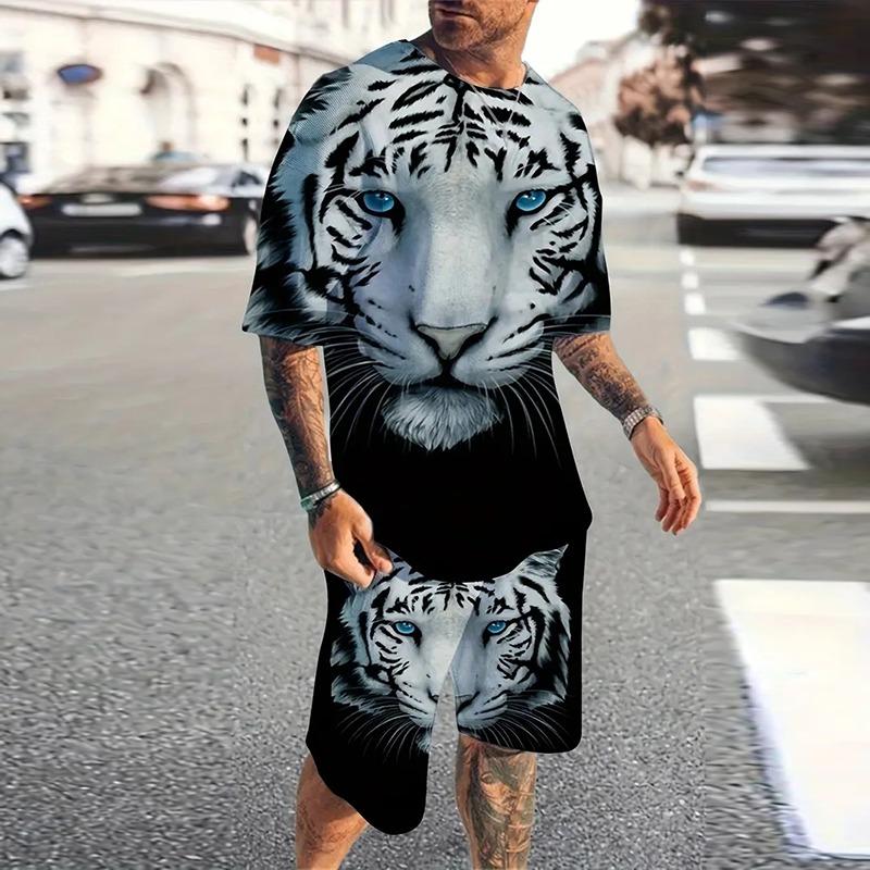 Fashion Men's Sportswear Suit Printed Tiger Pattern Oversized Men's Top Y2K Style Breathable Fresh Short Sleeve Shorts Suit