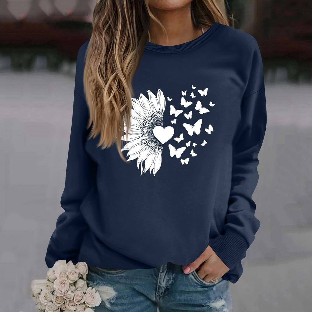 Damenmode Lässig Langarm Einfarbig Bedruckt Rundhals Oberteil Sweatshirt