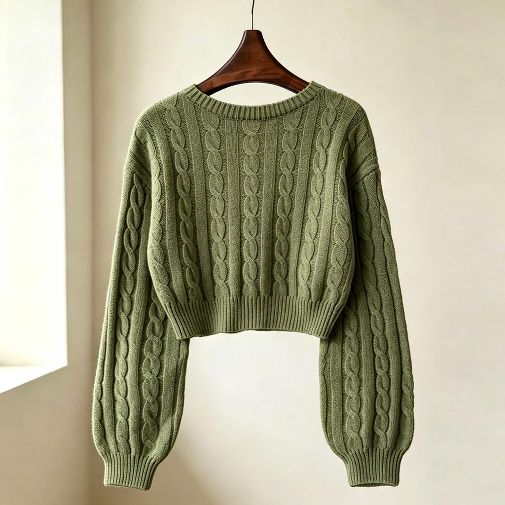 Damen Ärmel Cropped Pullover - Farbe Rundhals Lässiges Oberteil