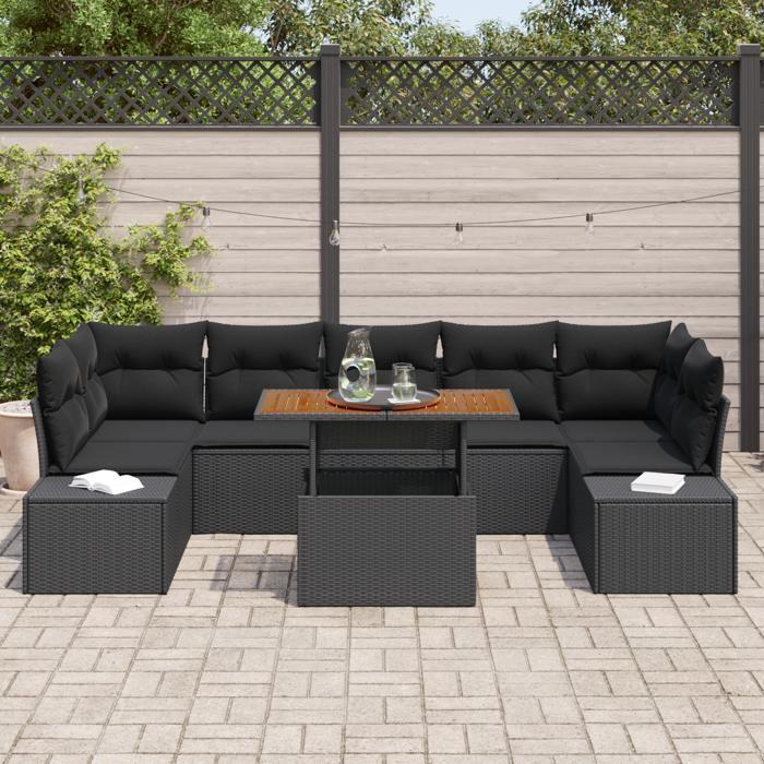 VidaXL Set de salle à manger de jardin 8 pièces avec coussins en poly rattan noir et acacia 3349932
