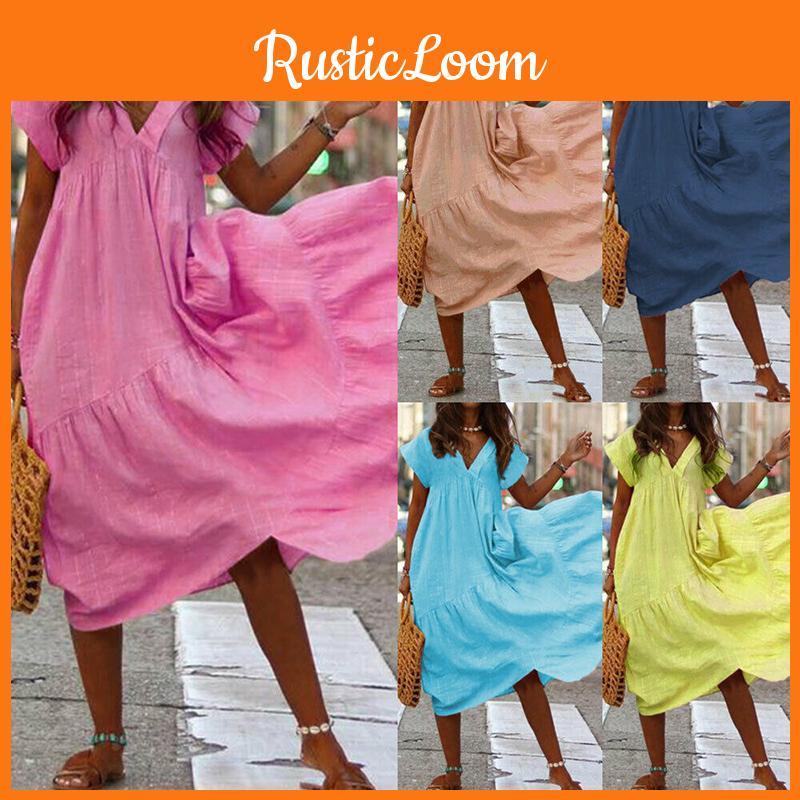 Elegant Women Fashion Maxi Dress Short Sleeve Solid Color Casual Boho Kaftan