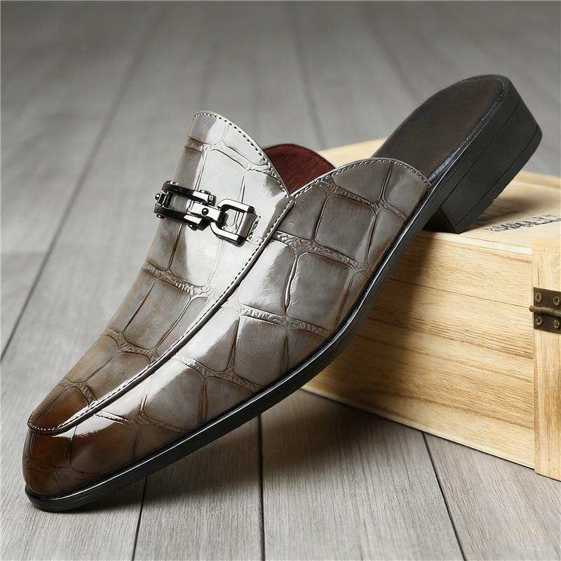 Designer New Men's Black Grey Brown Crocodile Pattern Leather Half Slippers Shoes Male Casual Mules Moccasins Breathable Loafers