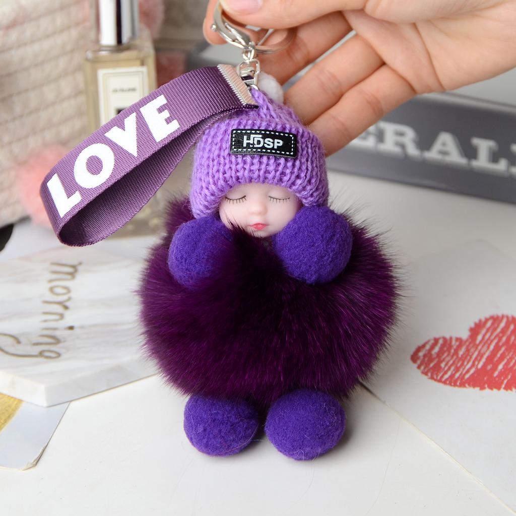 Pompom Sleeping Baby Keychain Cute Fluffy Plush Doll Keyholder Women Girl Bags Keyrings Cars Key Ring Gift Charming Decoration