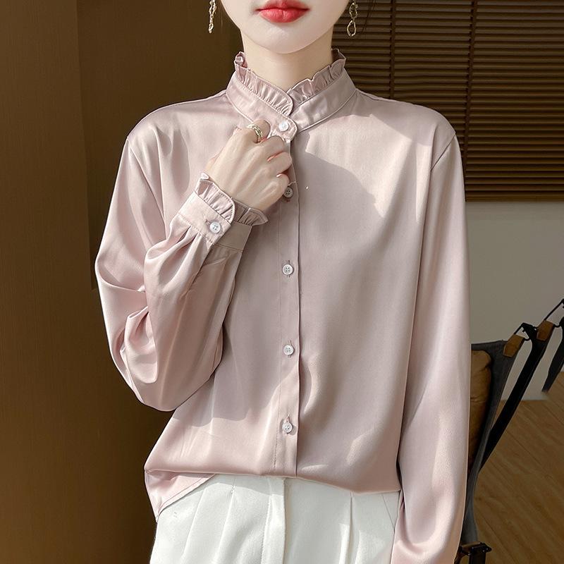 

Французский стиль Весна и Осень Дизайн с кружевным воротником с длинным рукавом, Нишевый свободный топ, Художественная рубашка для женщин XXL розовый